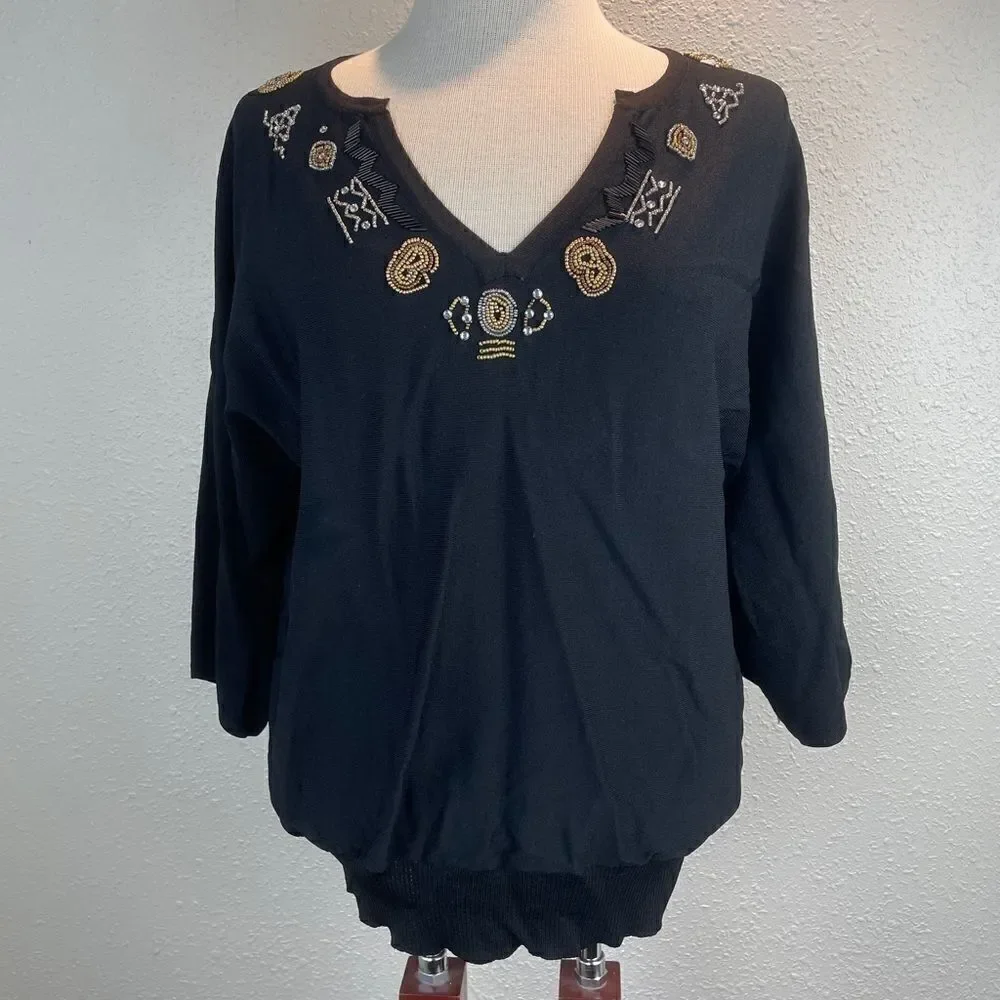 Multiples Black 3/4 Sleeve Beaded Blouse Top EUC